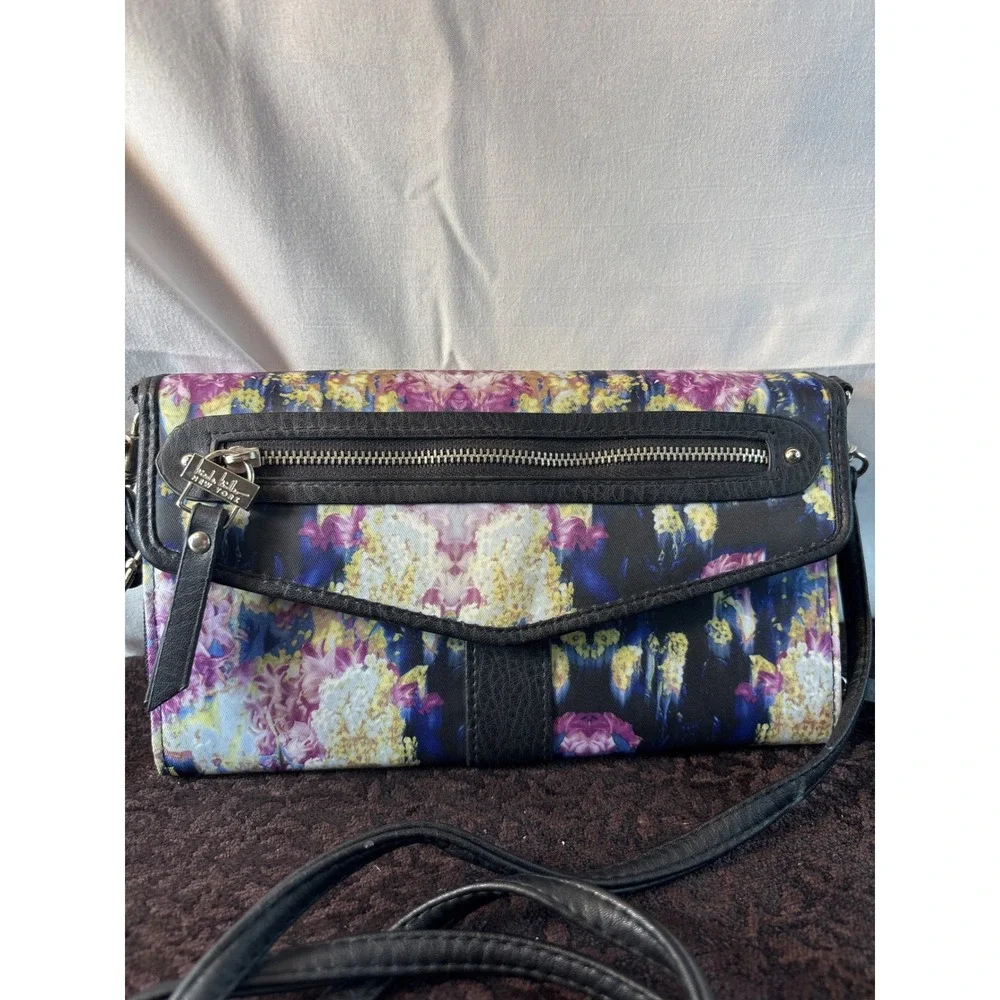 Nicole Miller New York Floral Crossbody Bag Black Purple floral Print Wallet